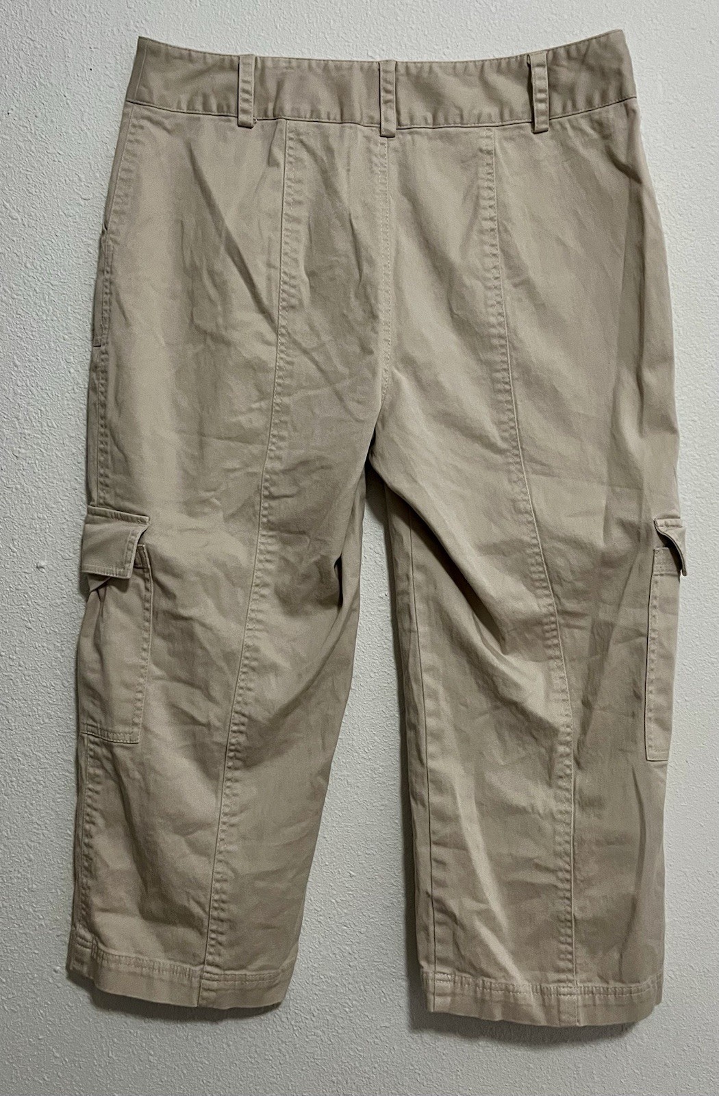 Rafaella Women’s Beige Cargo Capri Pants Solid Stretch Pockets Button Zip
