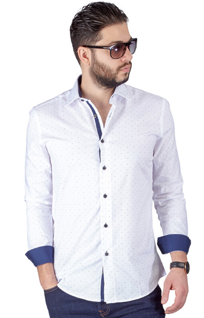 Slim Fit Men’s Dress Shirt Bow Tie Print Contrast Trim Details Cotton AZAR MAN
