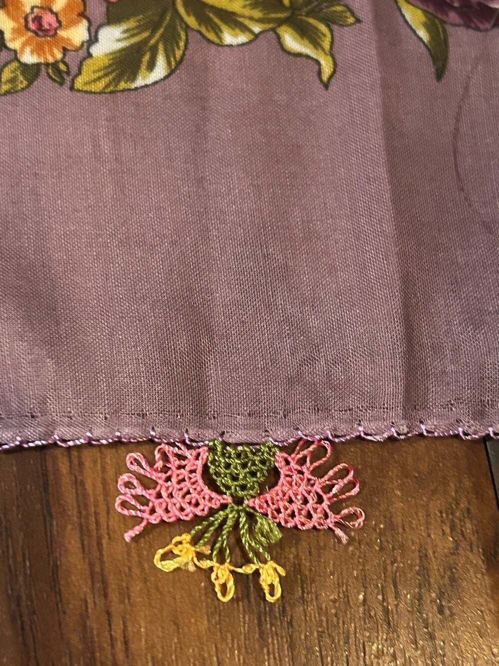 Eripek Purple Floral Print Silk Scarf with Oya Lace Edging
