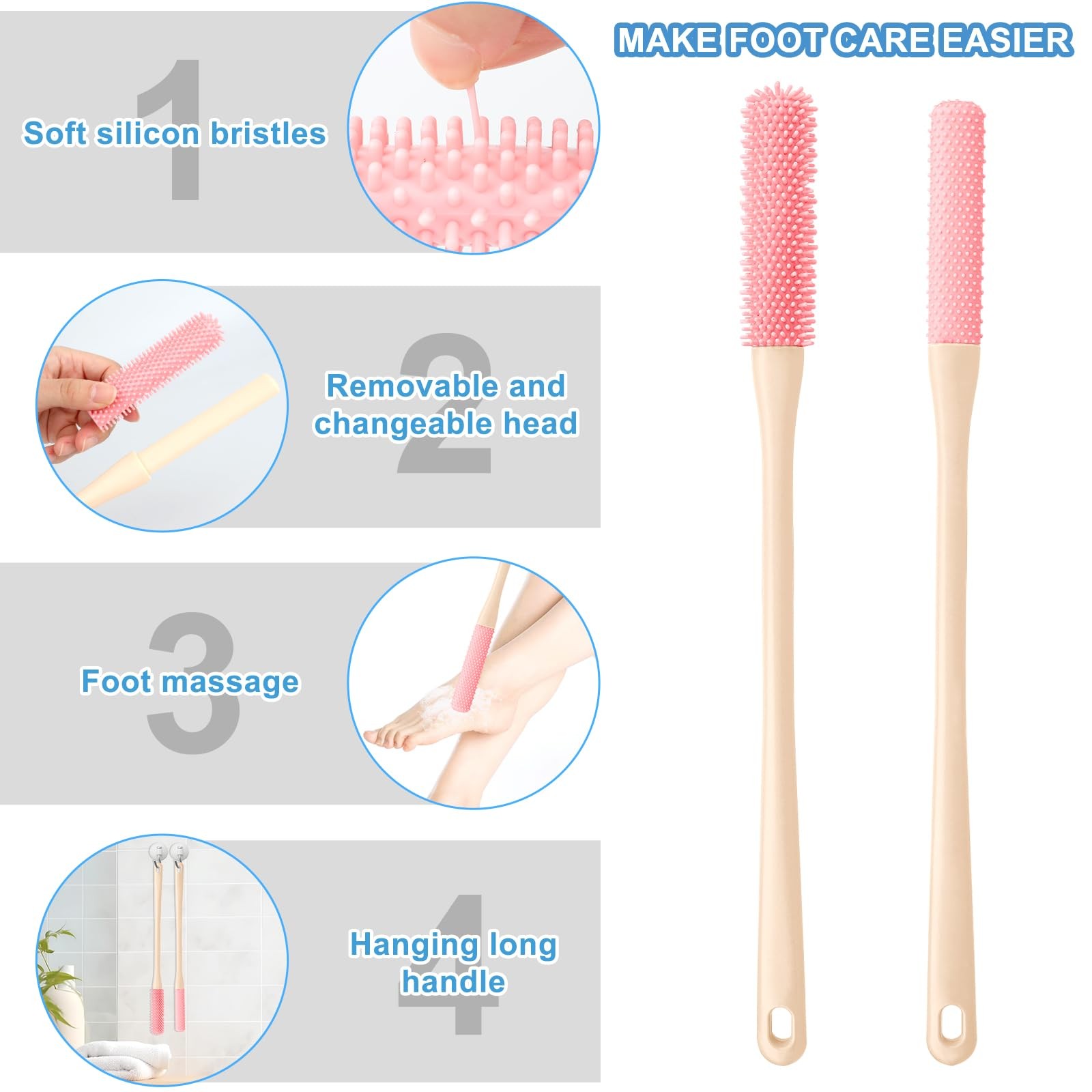 4 Pack Toe Cleaning Brush, 15.7” Long Handled Silicone Foot Grey+pink