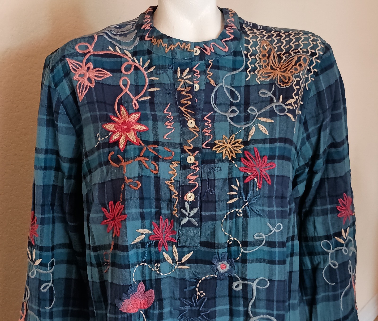 NWT JOHNNY WAS Blue Plaid Embroidered Carmen Henley Shirt Tunic Dress SZ M