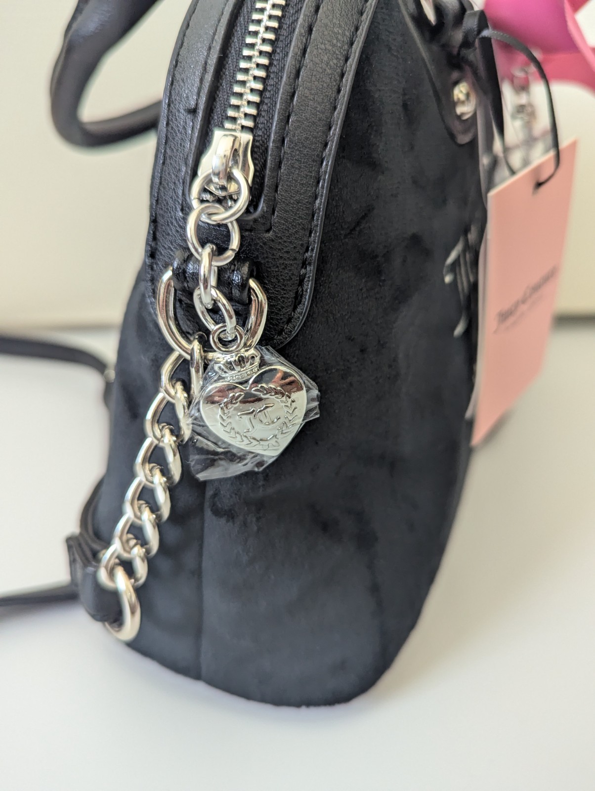 Juicy Couture Black Small Satchel Zip Top Logo Bow Charm Chain Strap Silver