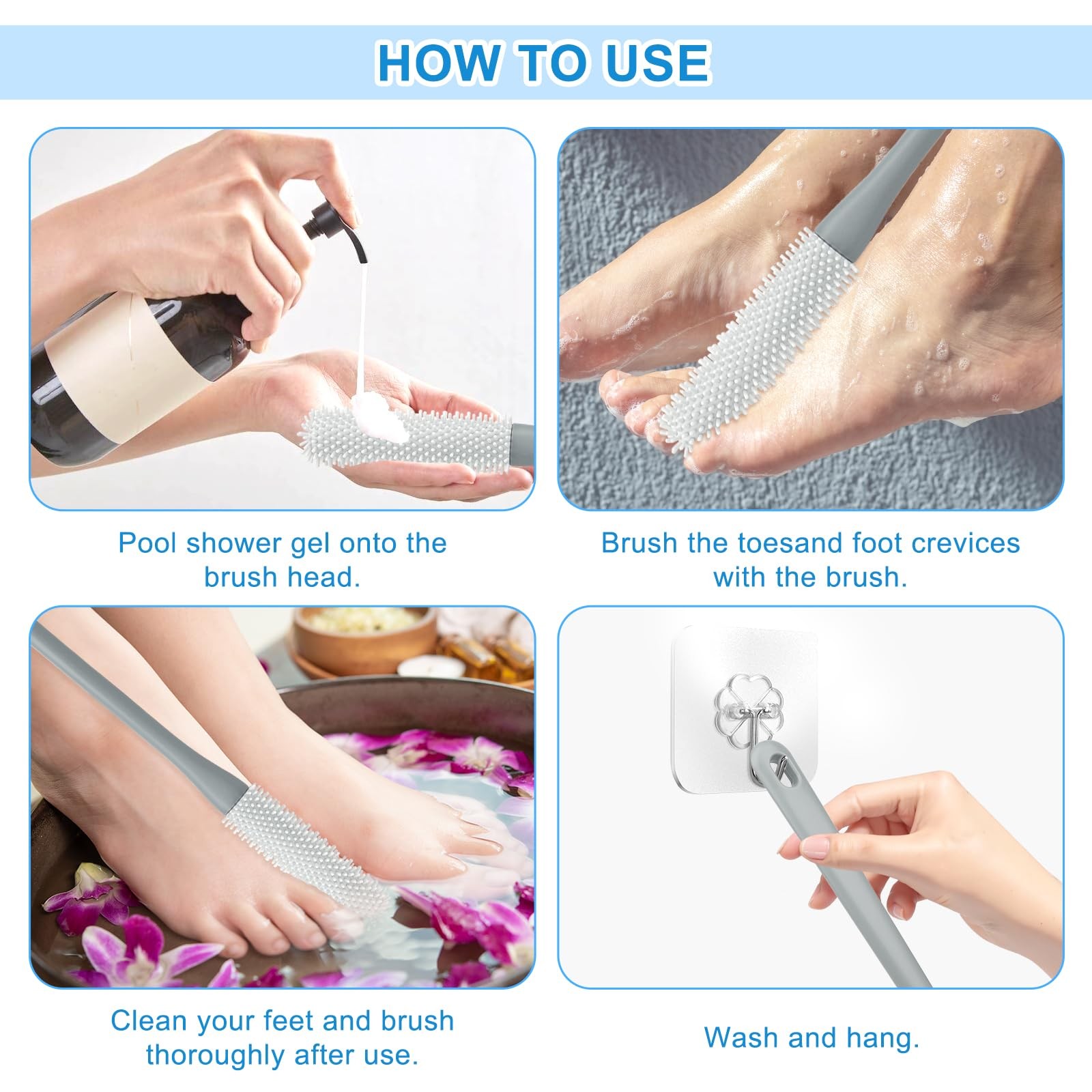 4 Pack Toe Cleaning Brush, 15.7” Long Handled Silicone Foot Grey+pink