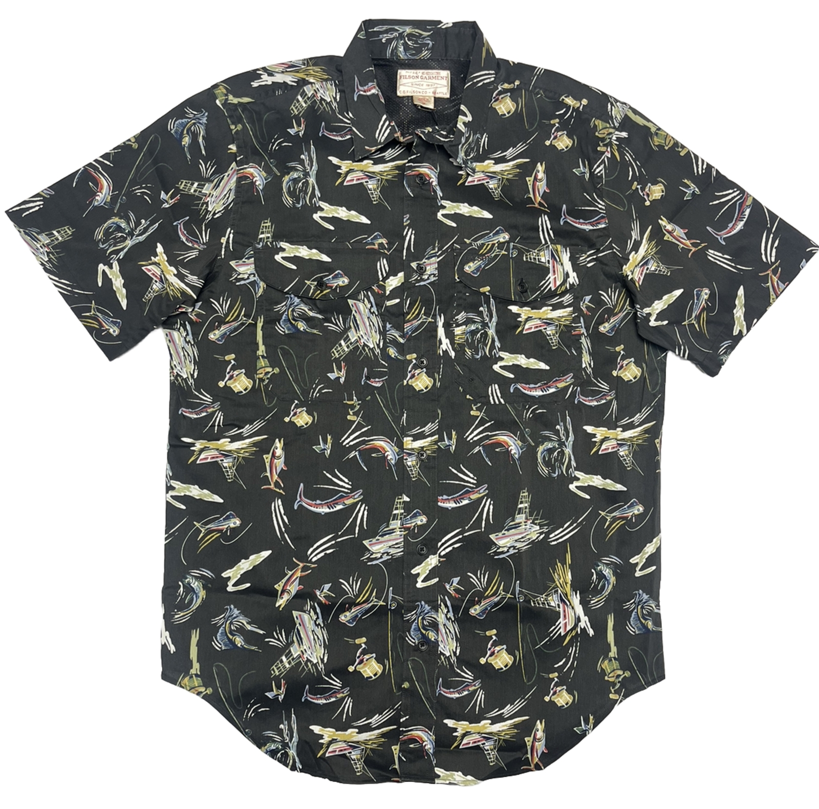 Filson Twin Lakes Short Sleeve Sport Shirt 20248745 Offshore Catch Fish Print CC