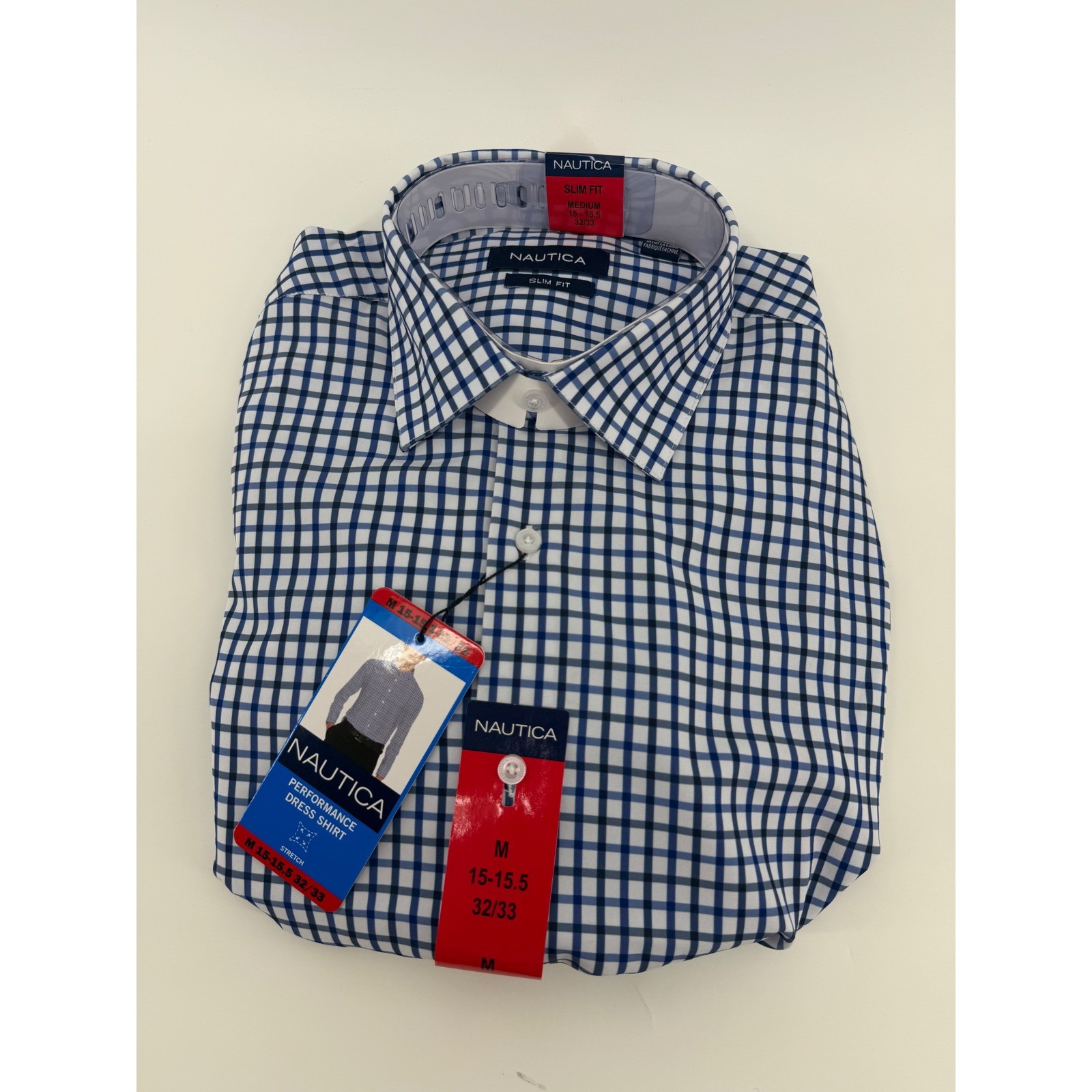 Nautica Mens Performance Dress Shirt Slim Fit Blue White Check M 15-15.5 32/33