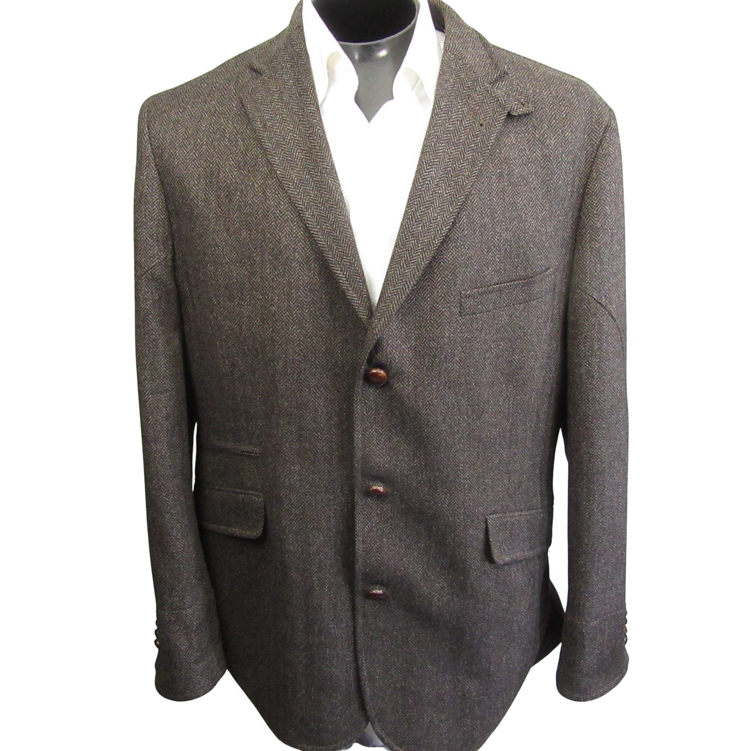 Kroon Tweed Sport Coat 46L 3 Button Brown Herringbone Throat Latch Double Vent