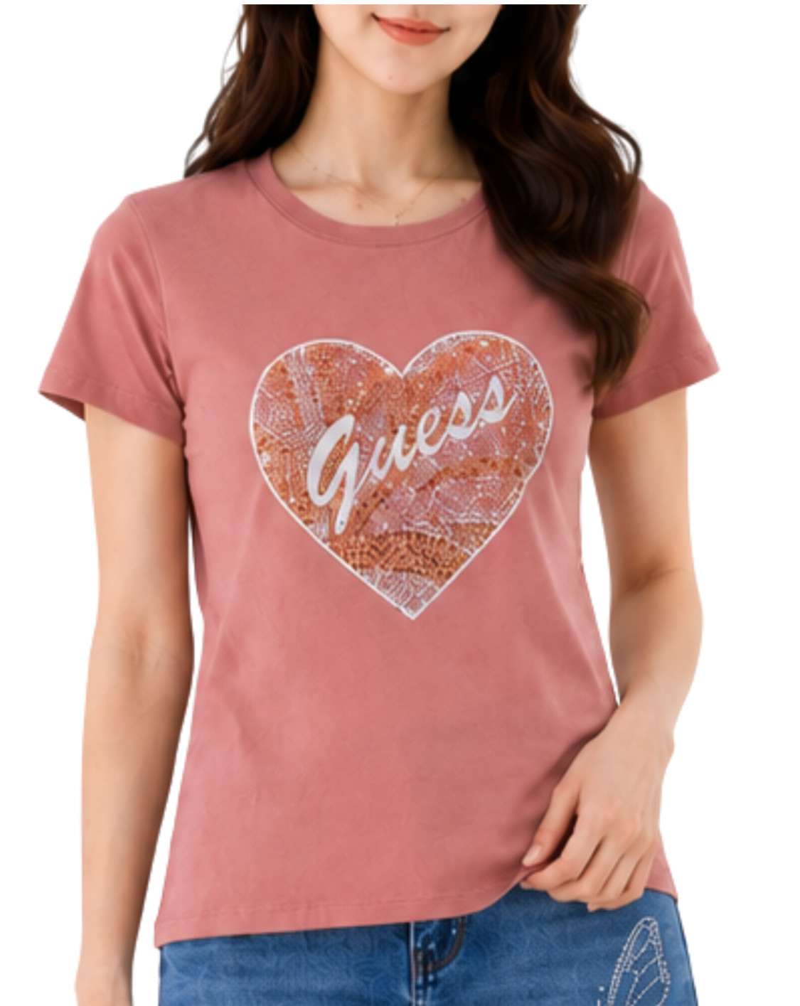 GUESS Womens Rhinestone Heart Graphic Tee Mauve Pink Short Sleeve Top Size M NWT
