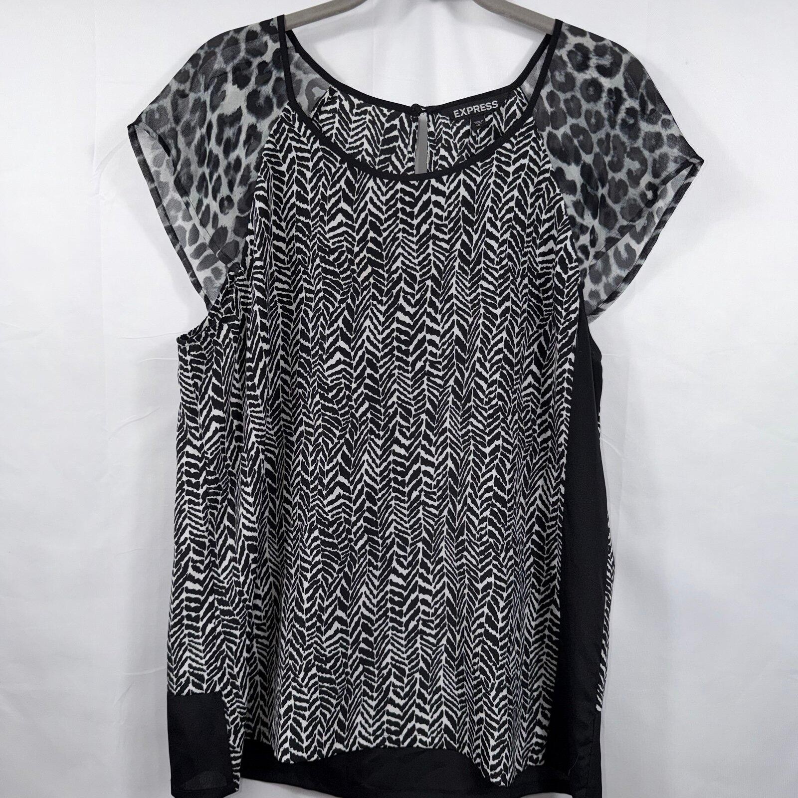 Express Women’s Mixed Animal Print Blouse Size Large Black White Sheer