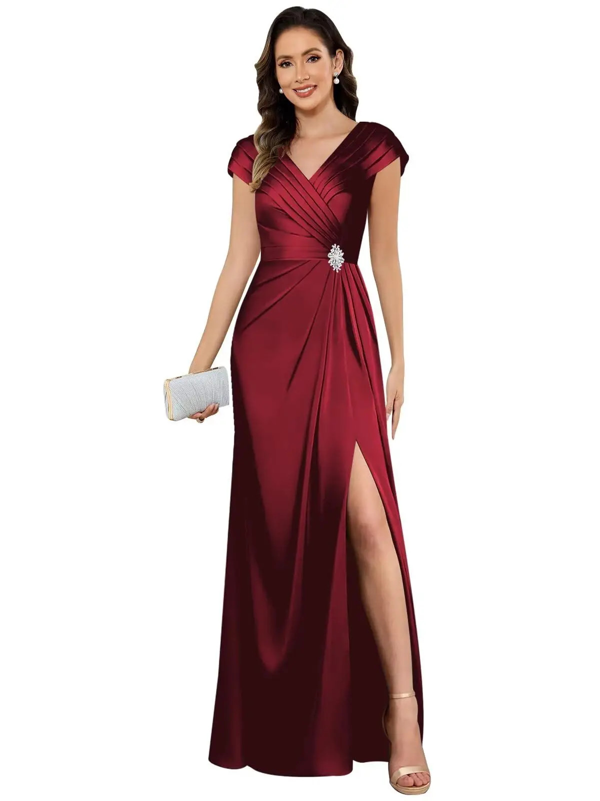 Customized Satin Mother of The Bride Dresses with Slit VNeck Beaded Formal Dress