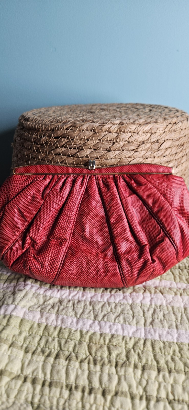 Judith Leiber Red Textured Pleated Clutch Gem Accent Clasp Gold Strap