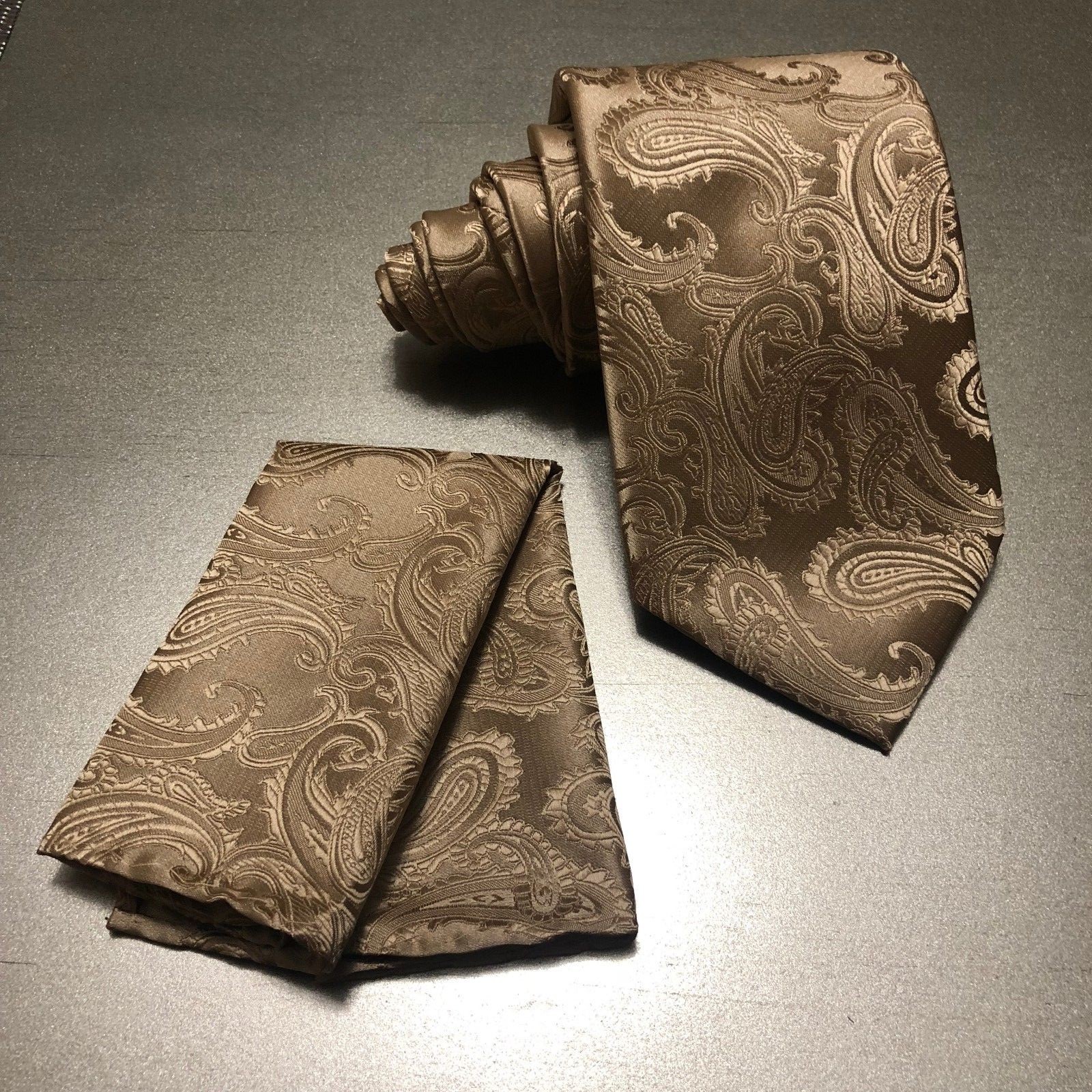 New Men’s Classic Mocha Tan Neck tie and Pocket Square Hankie Set Formal Wedding