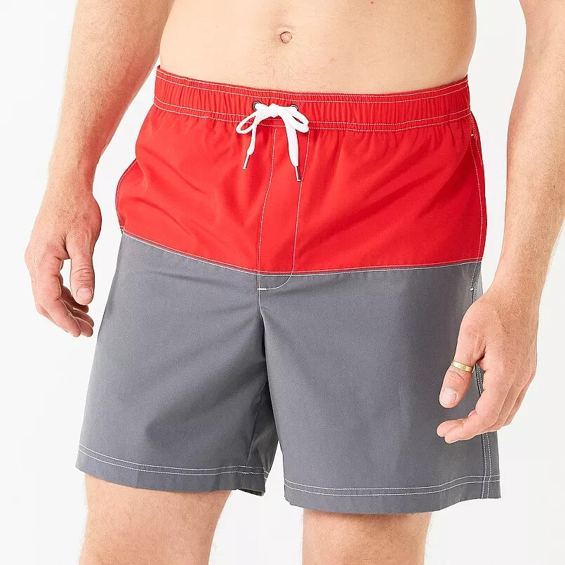 Red Gray Block Swim Trunks XXL 7″ Full Elastic Waistband Beach Surf Sonoma New