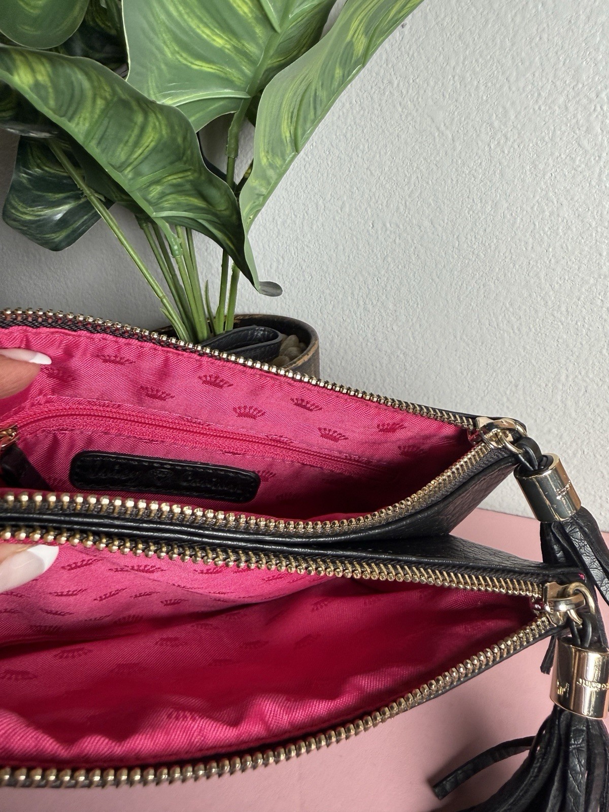Juicy Couture Black Solid Zip Wristlet Wallet Credit Card Logo Tassel Strap