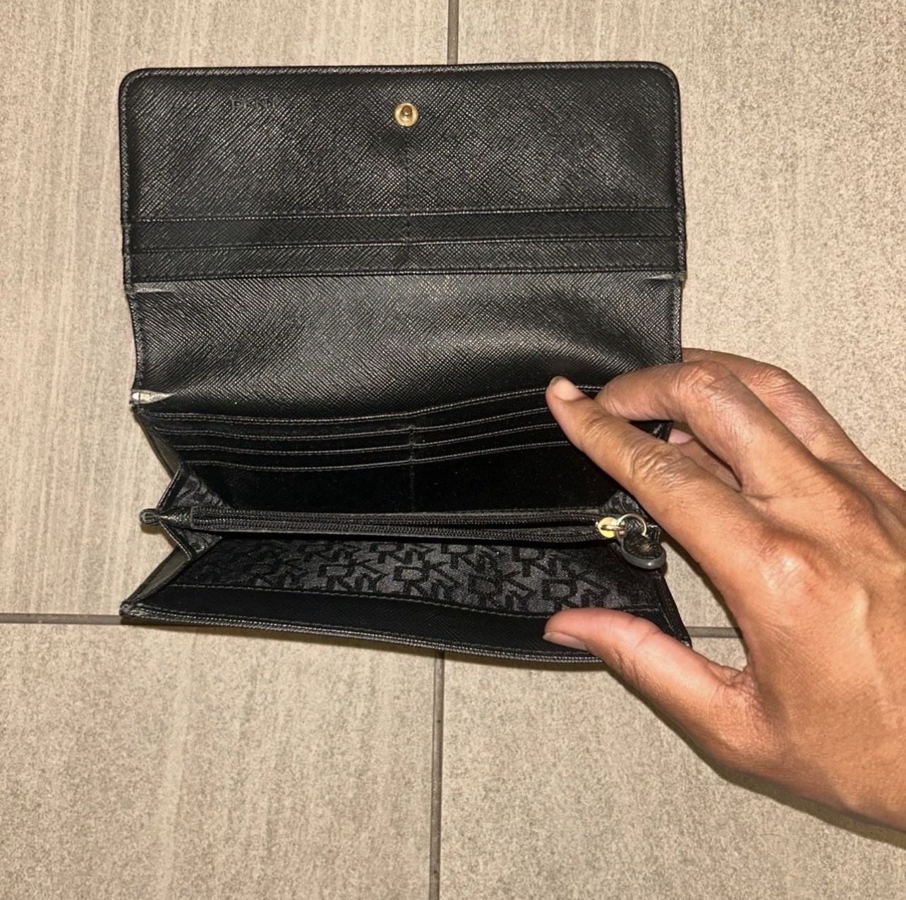 DKNY Brown & Black Logo Monogram Snap Wallet w/ Zip Coin Pocket, Credit Card