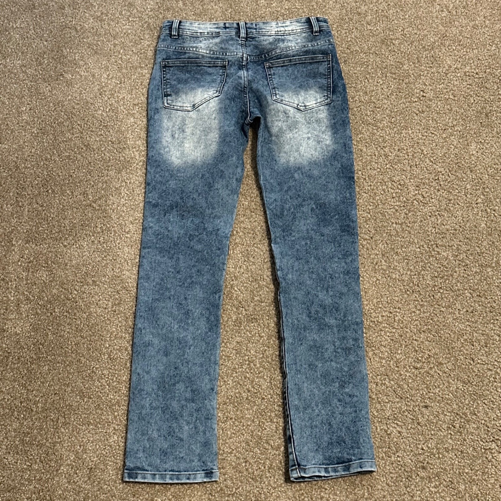 Mens Biker Jeans 30X30 Acid Wash Blue Moto Denim Ribbed Knee Zipper Slim Fit