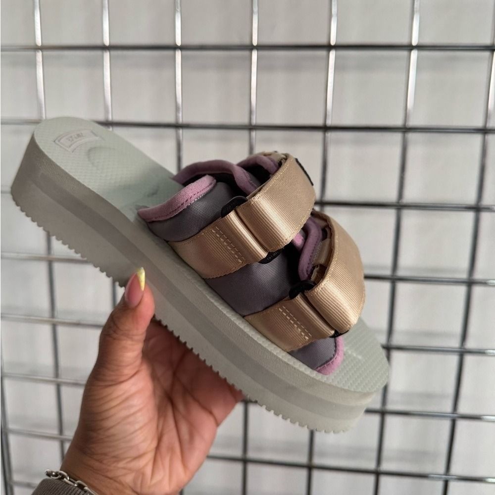 Suicoke MOTO-VPO Platform Sandals Beige Purple Womens Size 7 Vibram Sole