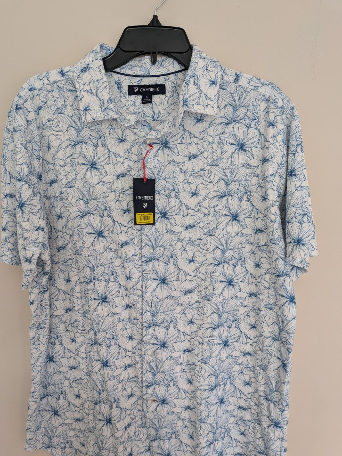 Cremieux Men’s L Tropical Floral Button Front Shirt White Blue Short Sleeve