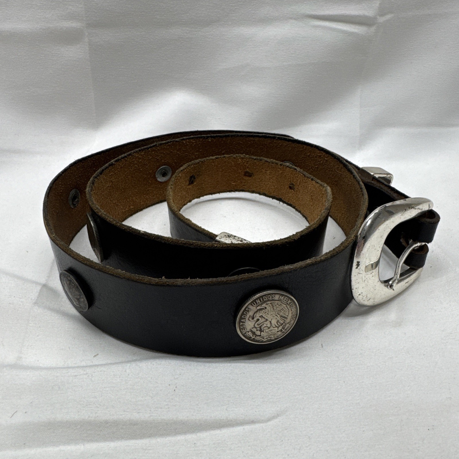 Vintage 36” Leather Belt w Mexican & American Coins 50 Centavos Mercury Dime