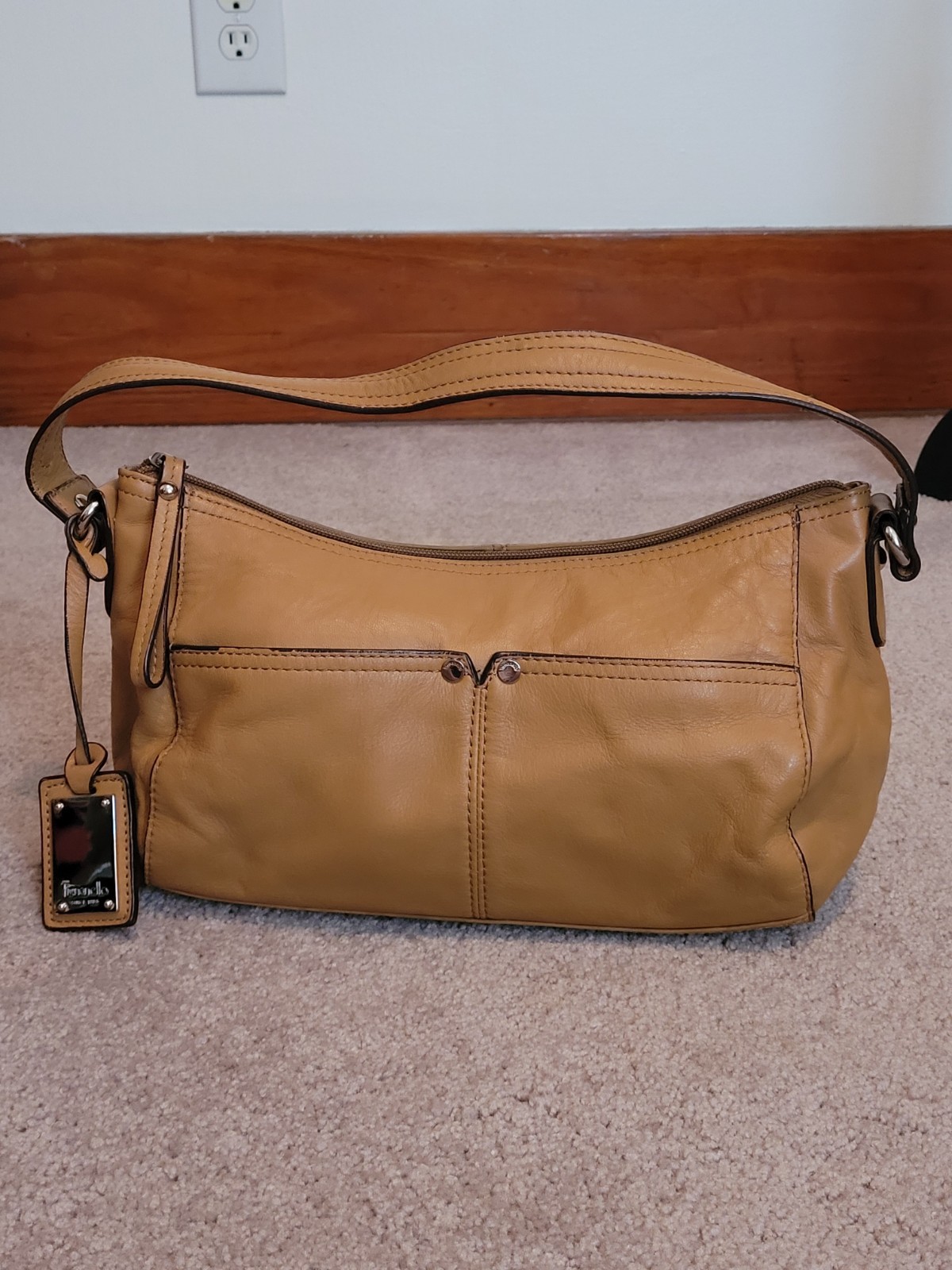 Tignanello Tan Shoulder Bag Striped Multicolor Lined Zip Silver Charm Pockets