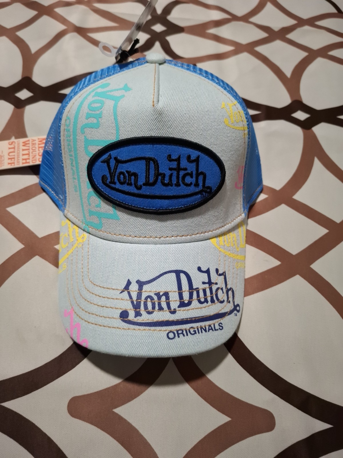 VON DUTCH BLUE & BEIGE TRUCKER HAT MESH BACK ADJUSTABLE LOGO ONE SIZE