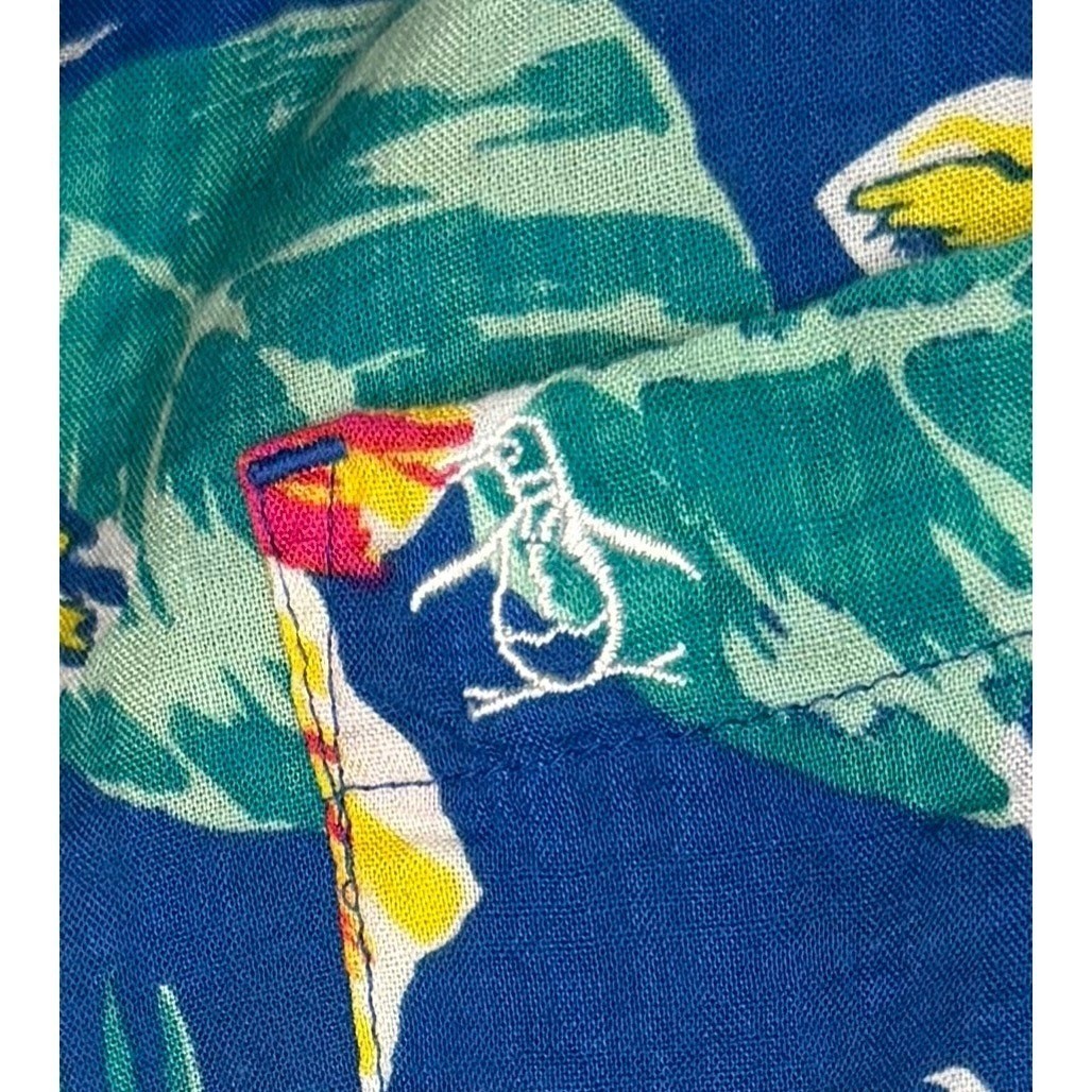 Original Penguin Mens Floral Tropical Button Down Shirt Blue Large Short Sleeve