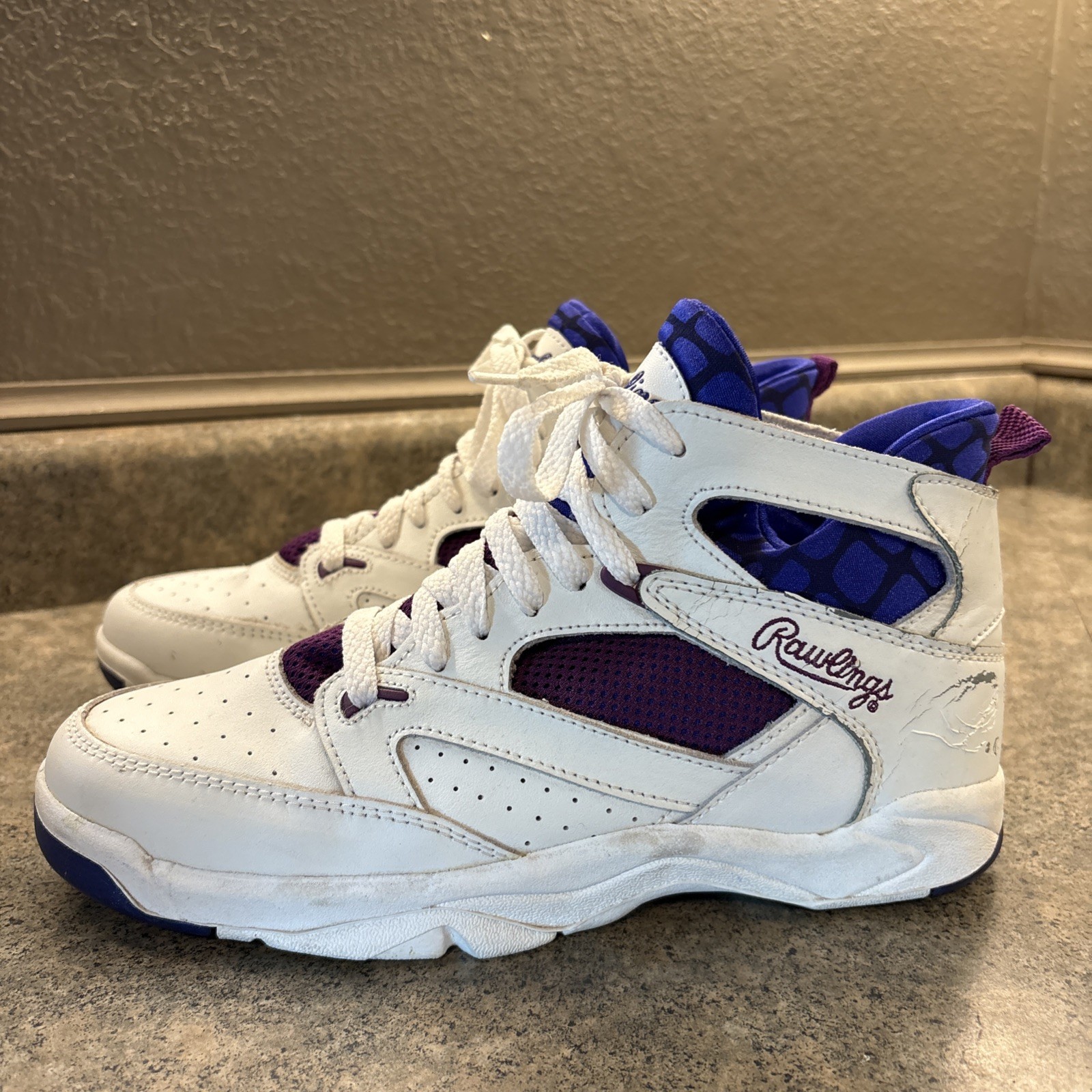 VTG RAWLINGS Women’s High Top White Purple Sneakers (Sz 8.5) 80s 90s Retro