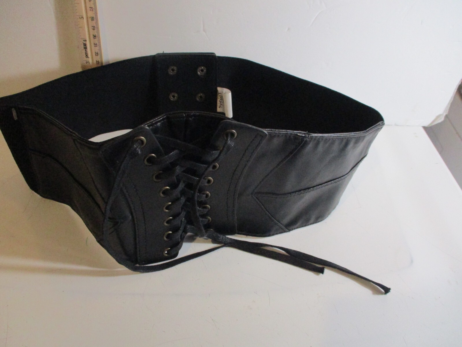 Black Faux Leather Elastic Lace Up Snap Corset Stretch Belt Women 4.5″ W X 35″ L