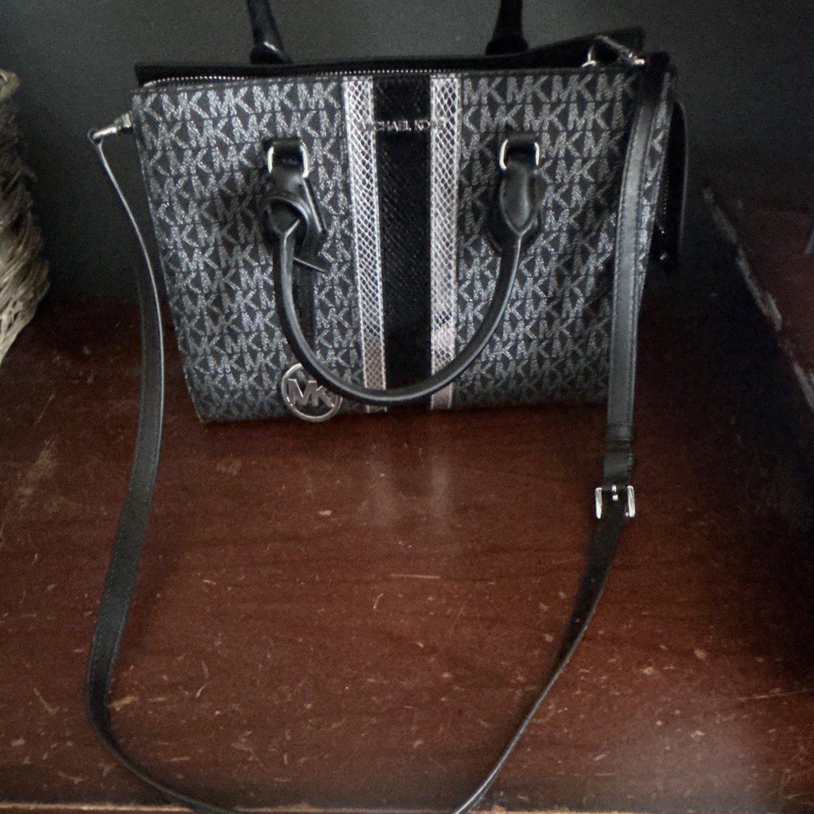 Michael Kors Medium Logo Satchel Zip Black Gray Silver Detach Adjustable Strap