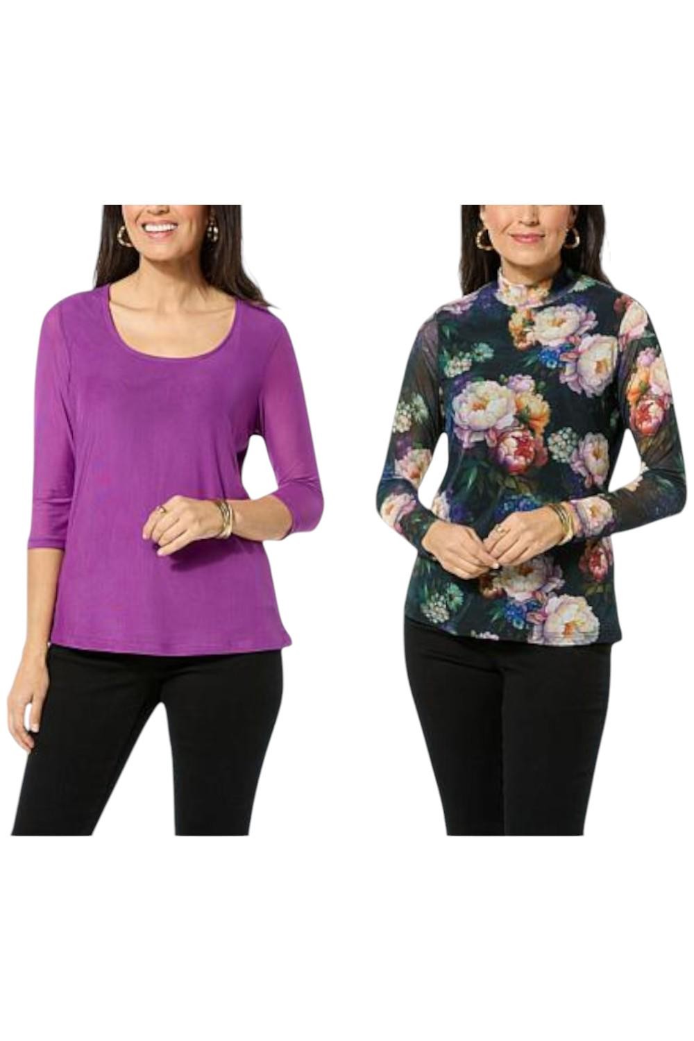 DG2 Women’s 2-pack Print/Solid Mesh Top Green Tea Floral Blooms/Grape