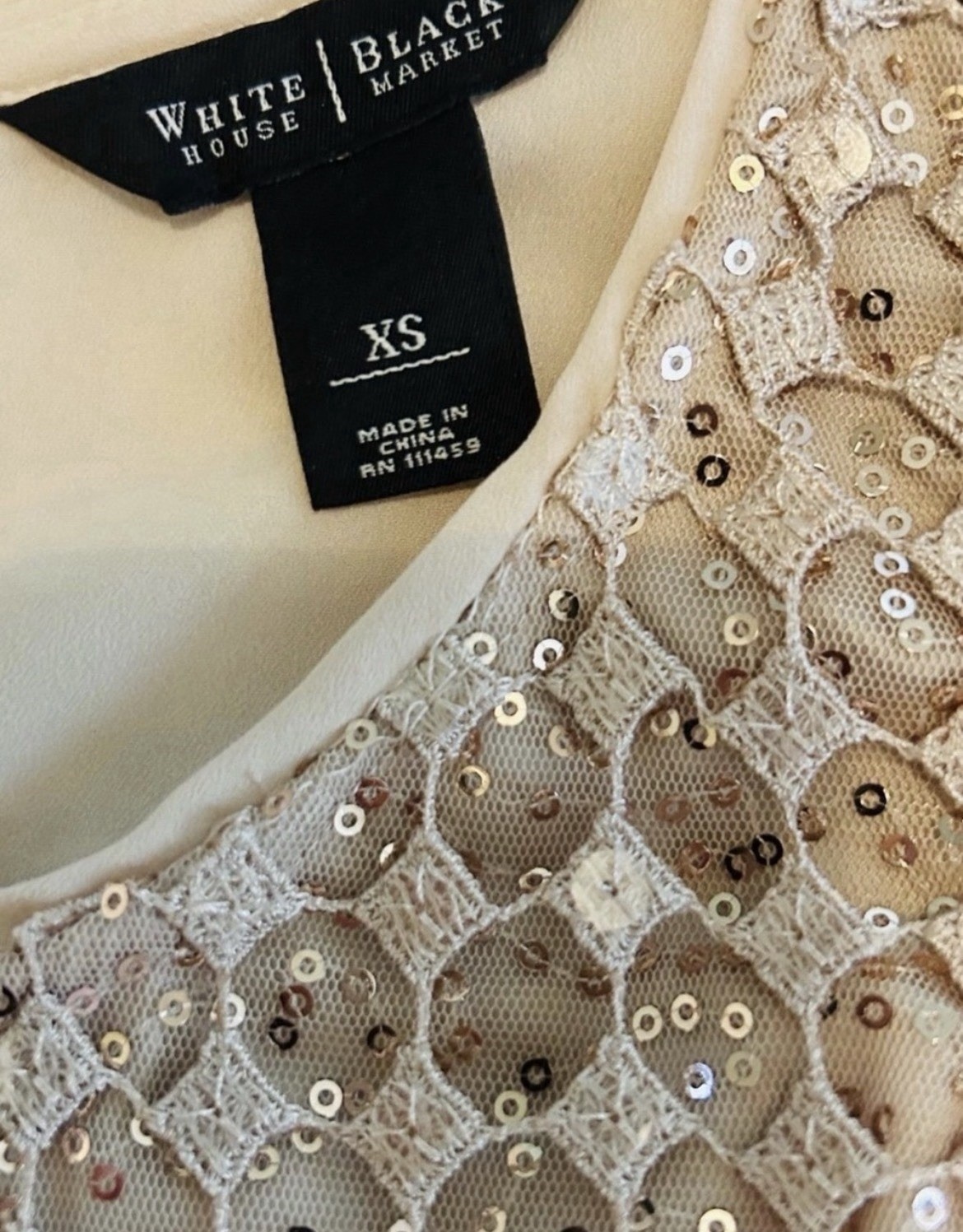 White House Black Market Women’s XS Beige Gold Sequin Mesh Zip Back Tank Top