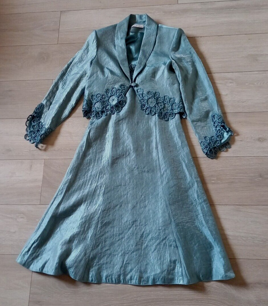 Gina Bacconi Duck Egg Dress & Jacket Faux Silk Embellished Wedding Occasion UK8