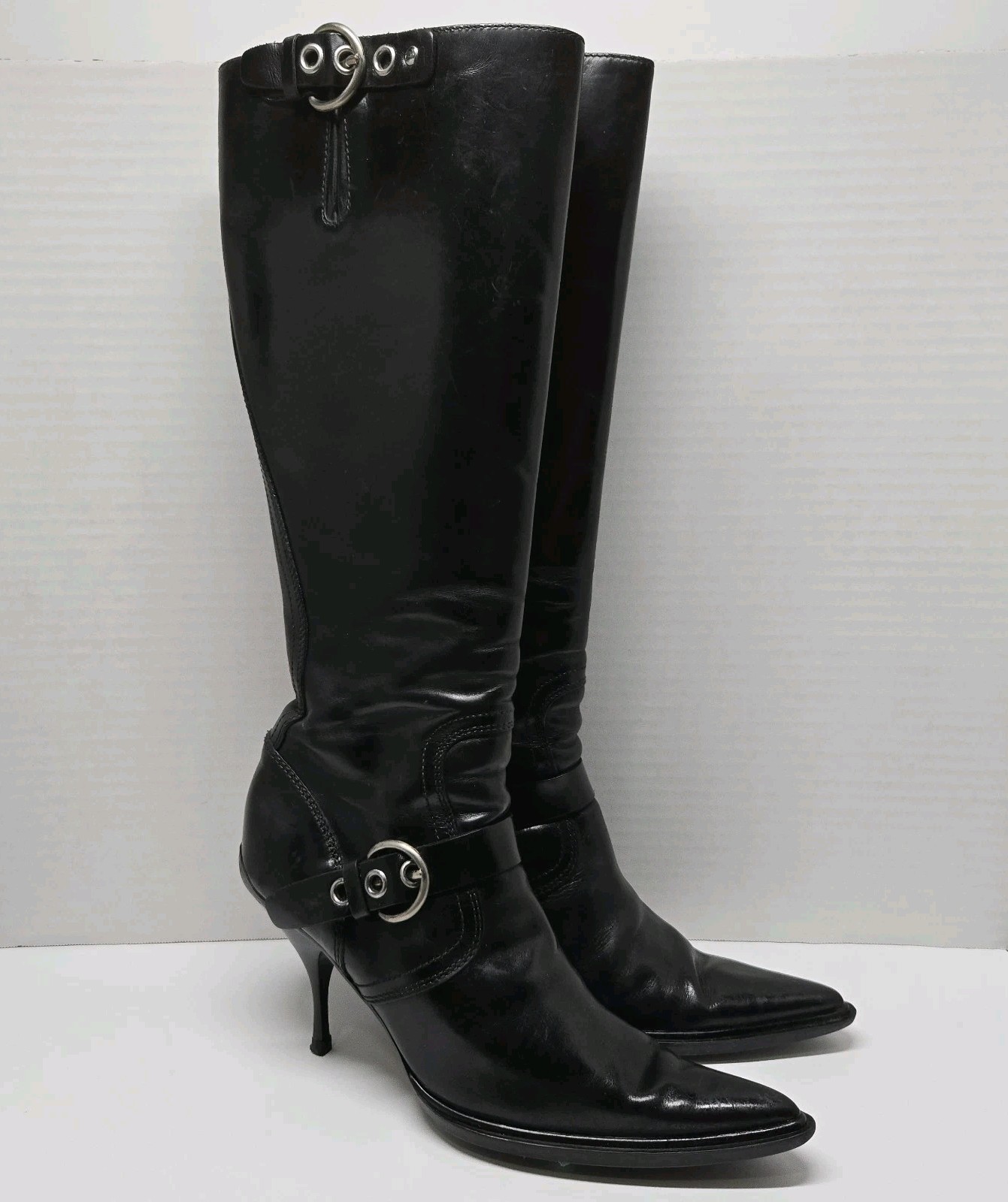 Vintage Miu Miu Heel Zip Knee High Black Patent Leather Moto Boots Sz EU 37 US 7