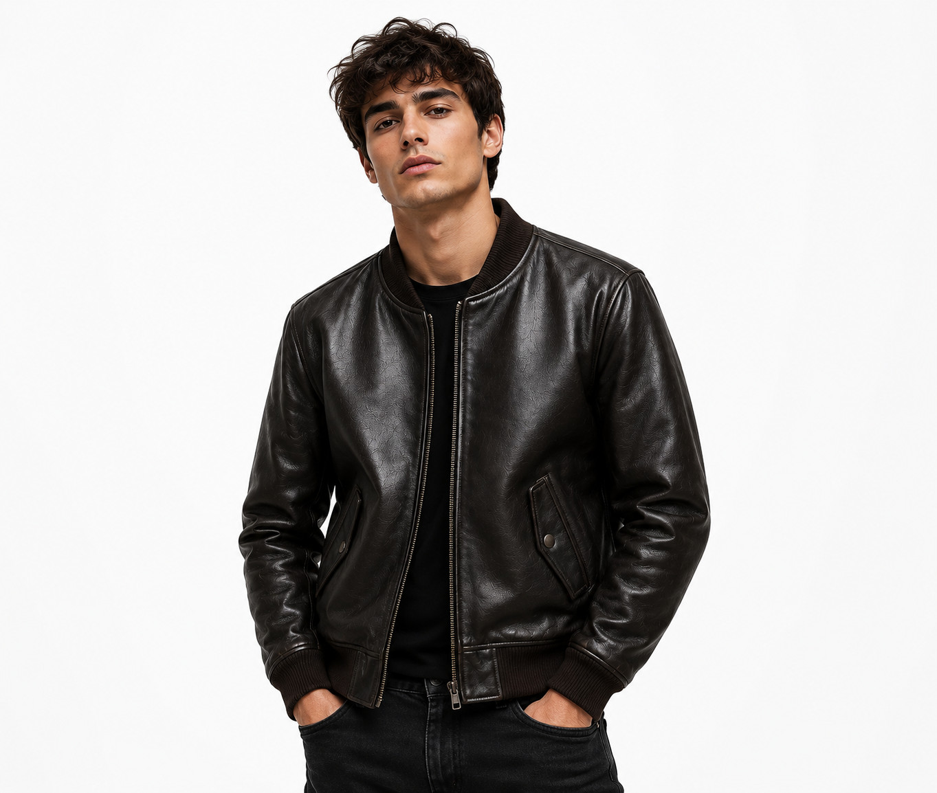 Mens Black Leather Bomber Jacket Genuine Leather Casual Biker Zip Coat Stylis