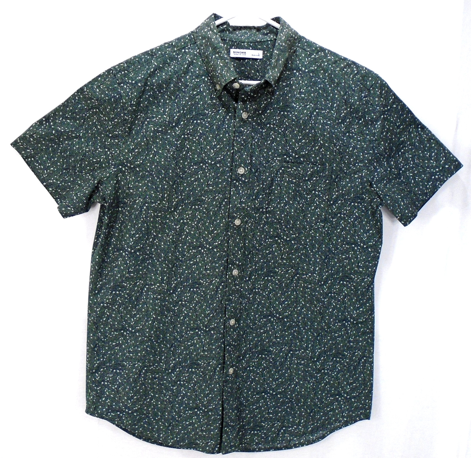 Sonoma Green Leaf Mini Print Abstract Button Front Cotton Blend Shirt LG
