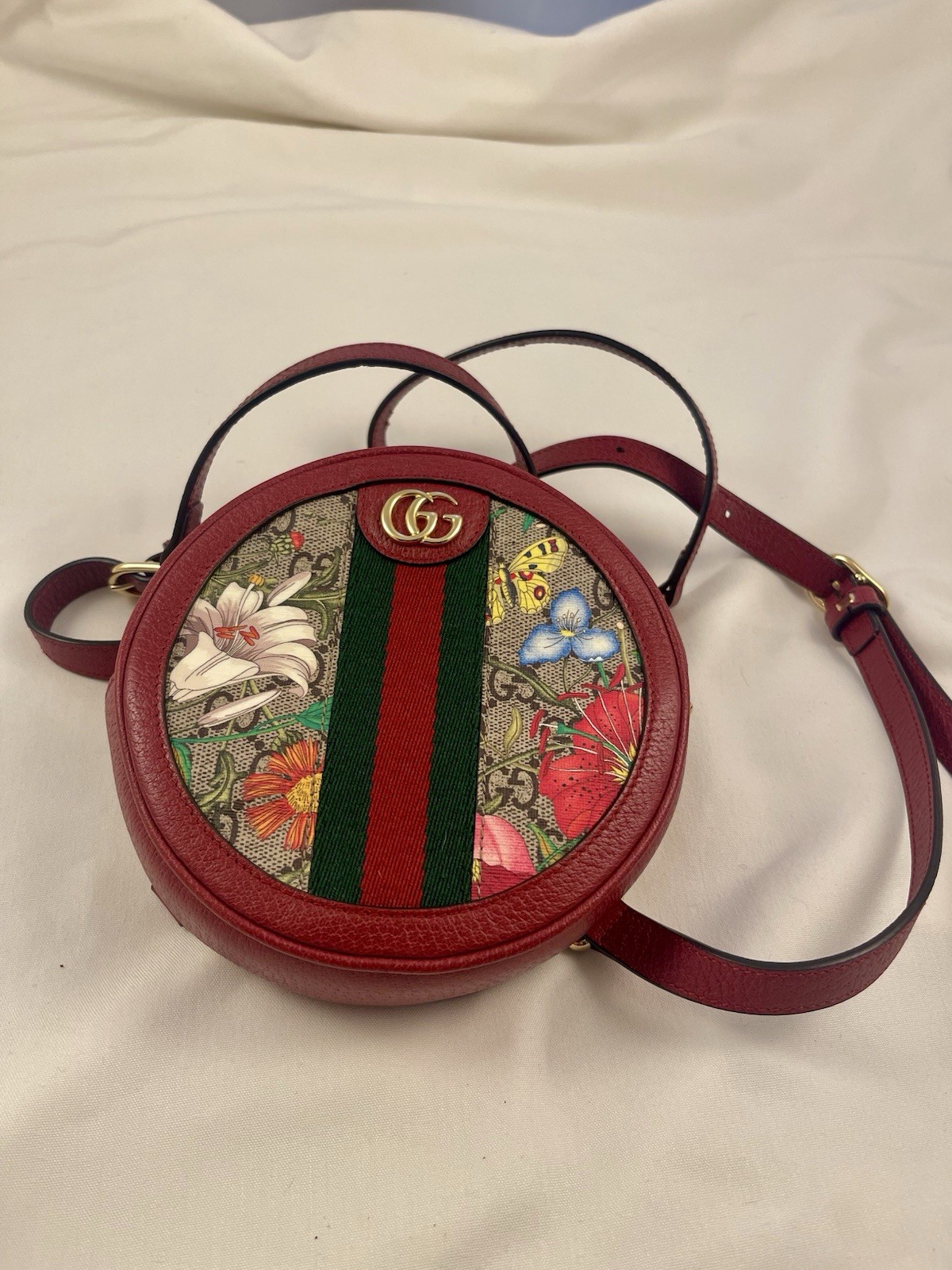 Excellent Gucci 598661 Blooms Floral GG Canvas OPHIDIA Mini Round Backpack Purse