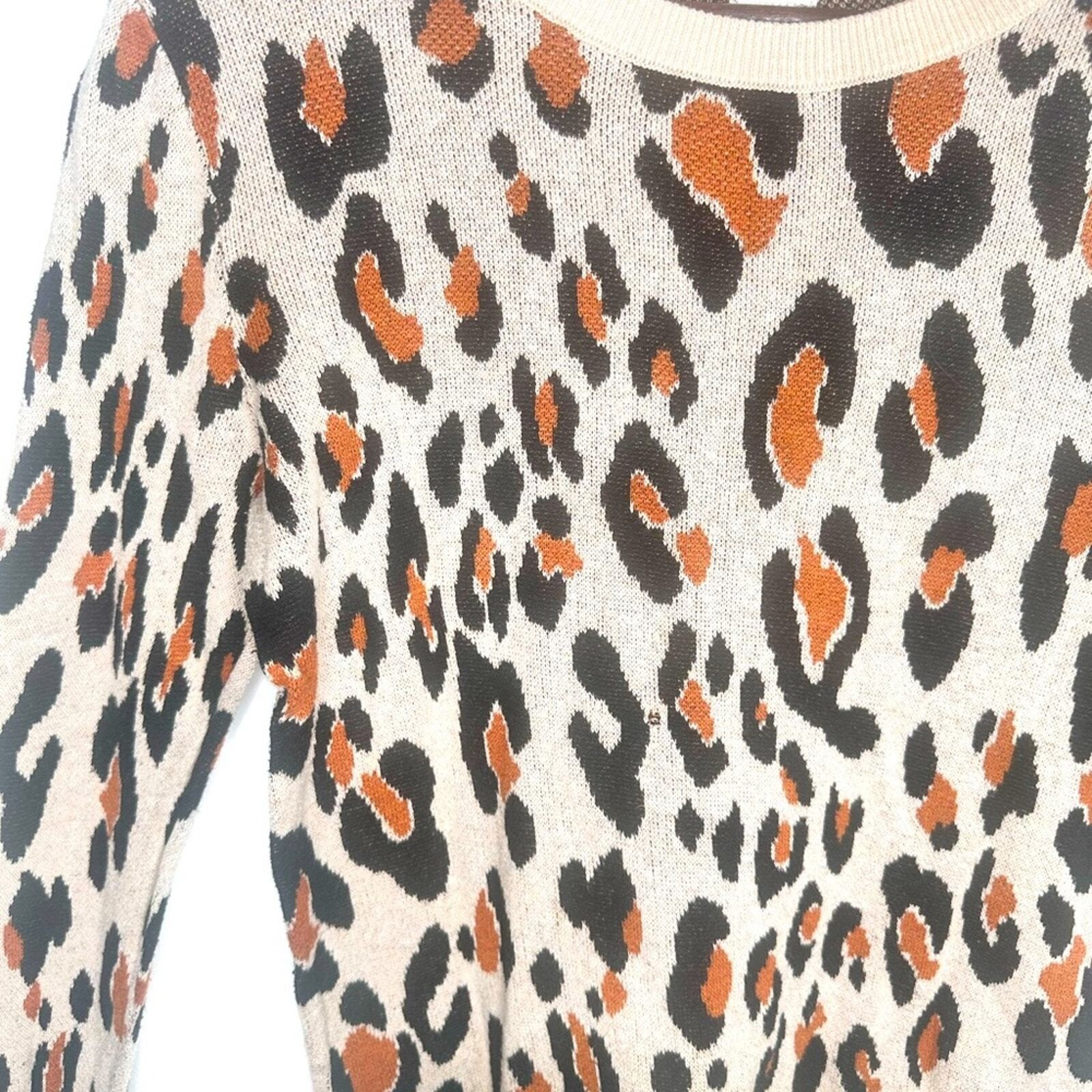 A New Day Womens Leopard Print Crewneck Sweater Tan Black Orange Animal Print M
