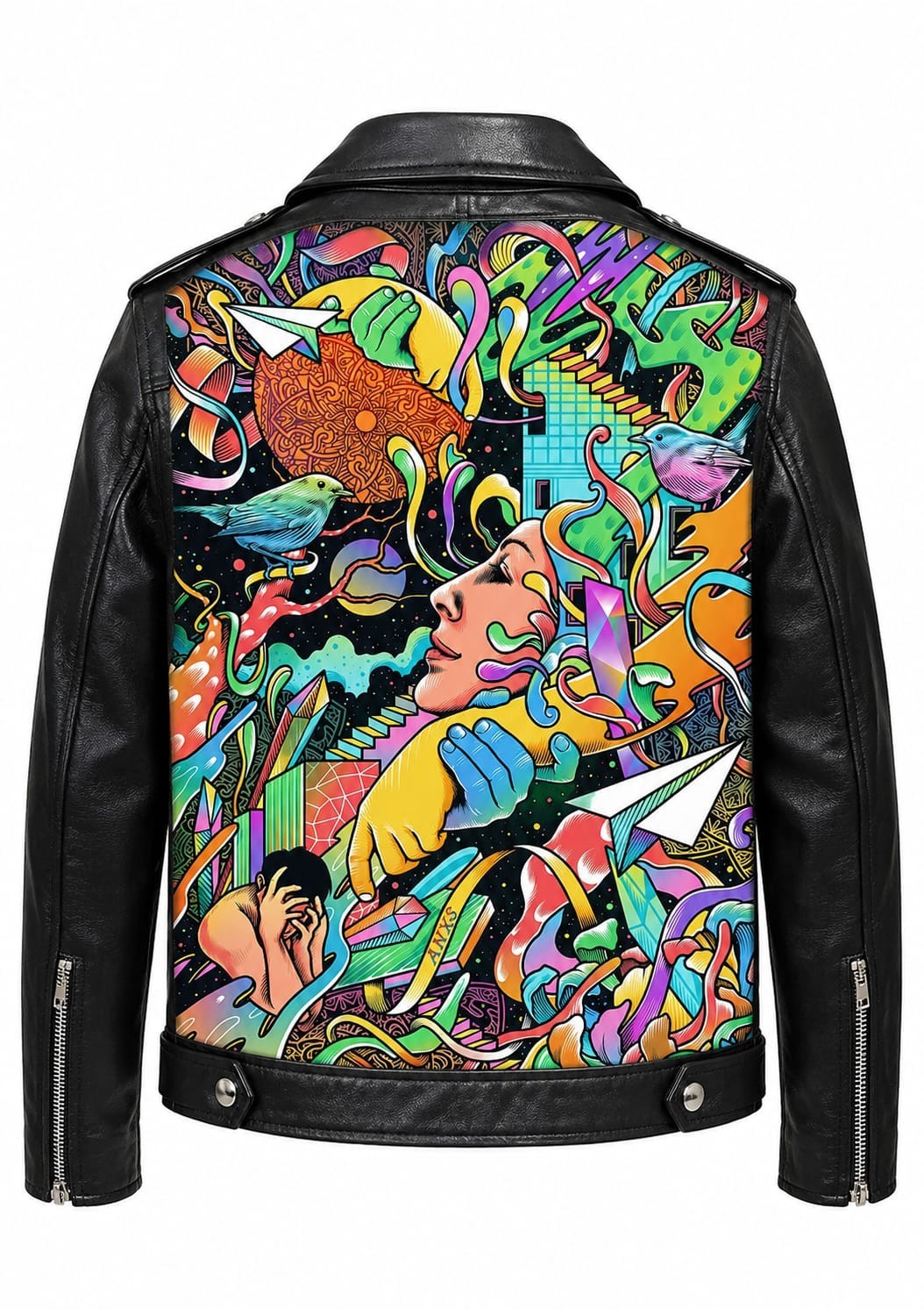 Mens Black Leather Biker Jacket Psychedelic Art Back Print Moto Rider Punk Coat