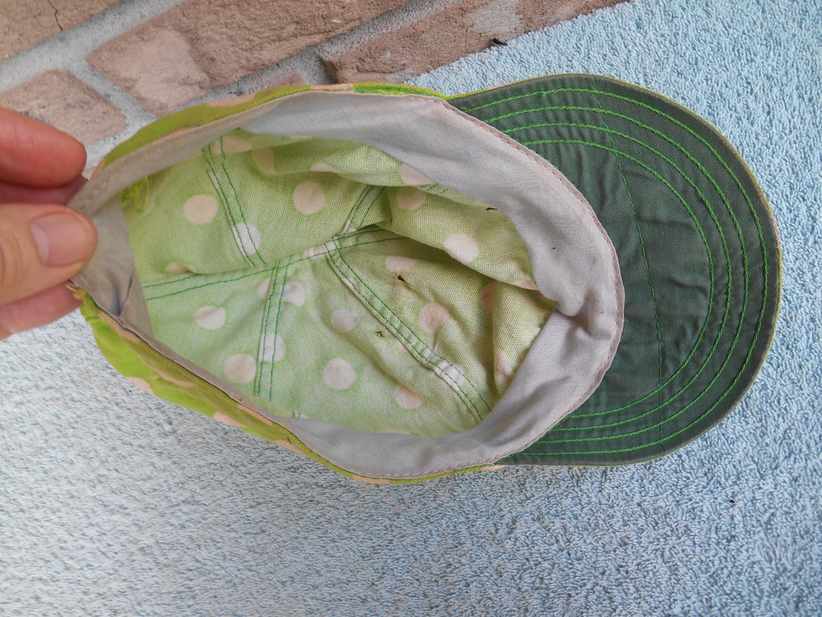 Vintage COTTON WELDERS CAP. GREEN & WHITE DOTS. SIZE SMALL 6-7/8. HAS HOLES!