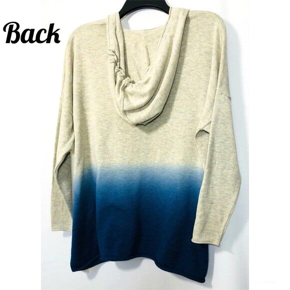 New Chaps Womens Blue Ombre Hooded Knit Pullover Kangaroo Pocket Hoodie Sz S