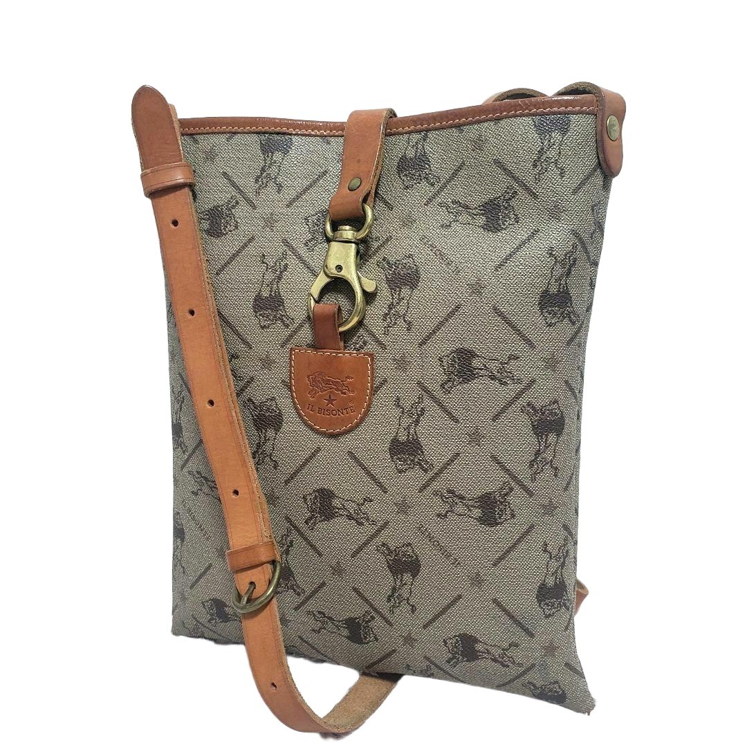 IL BISONTE Monogram Leather Shoulder Bag Beige 11.4×9.4in Adjustable Strap