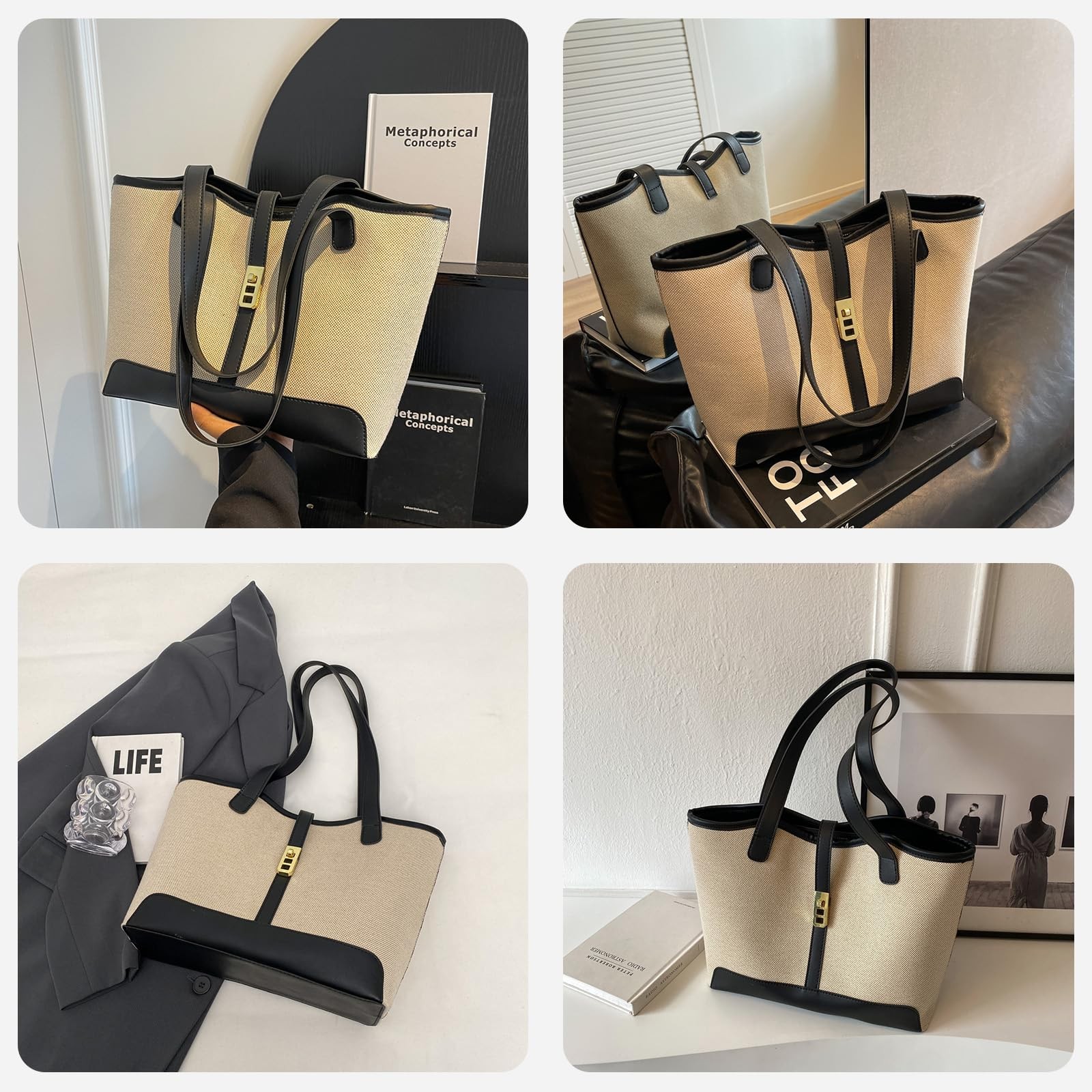 Canvas Tote Bag for Women, Large Shoulder 11.6 x 4.7 x 9.8 inches, Black