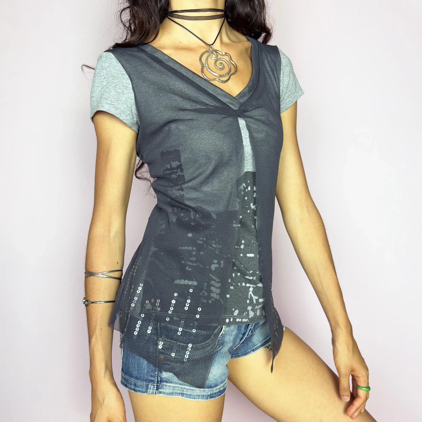 Vintage Gray Mesh Top Print Cityscape Skyline Sheer Grunge Y2K 2000s Size M