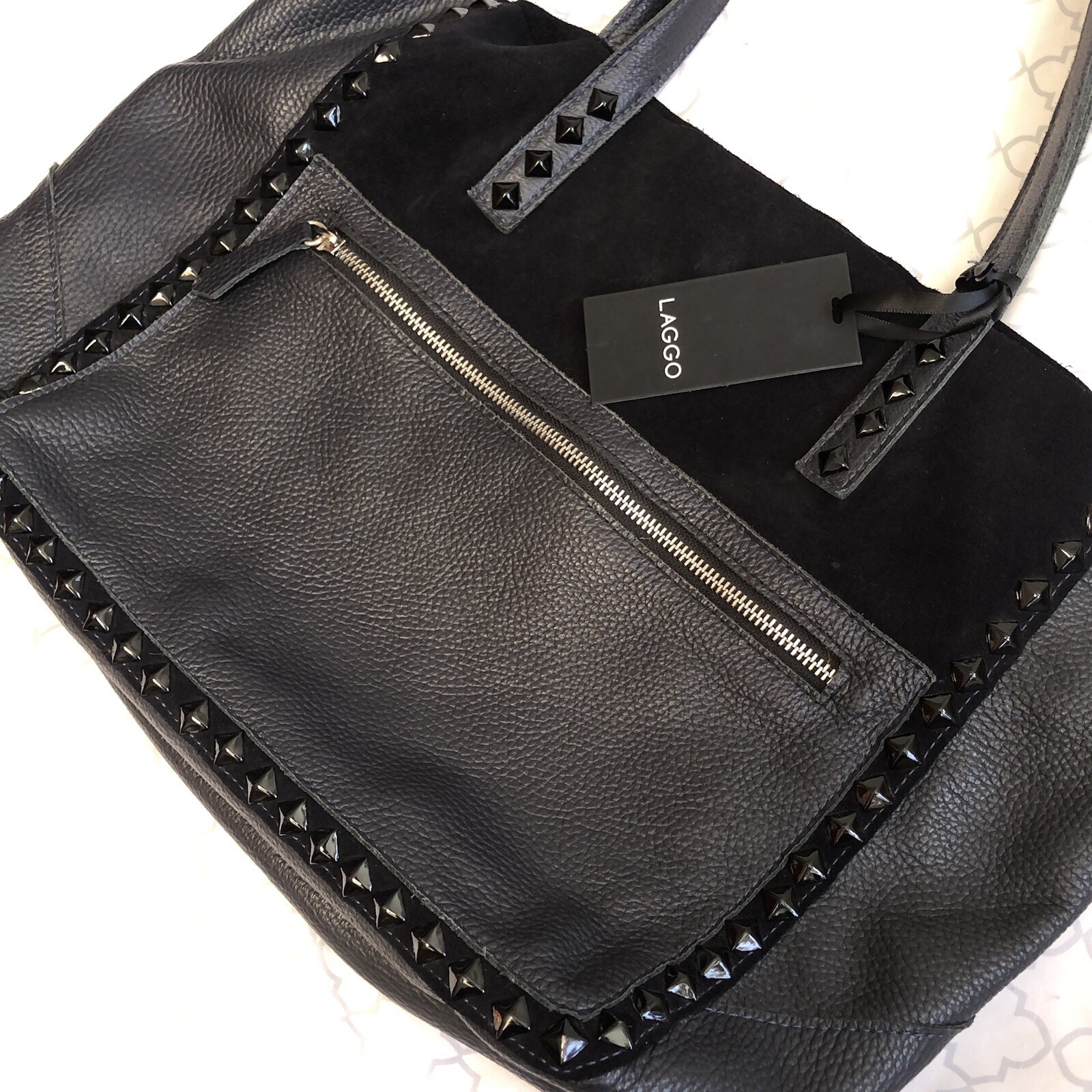 Laggo Miley Navy SDE Suede Leather Tote Bag Pyramid Studs 18.5 x 11.5 x 5 inches