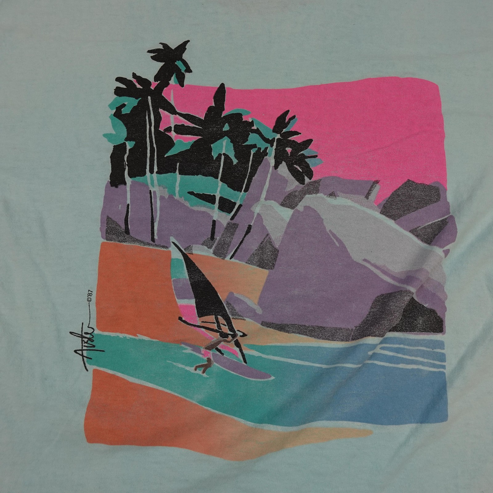 Vintage Zuma Beach Shirt Mens Medium Blue Equator Palm Tree Windsurfing 80s 1987