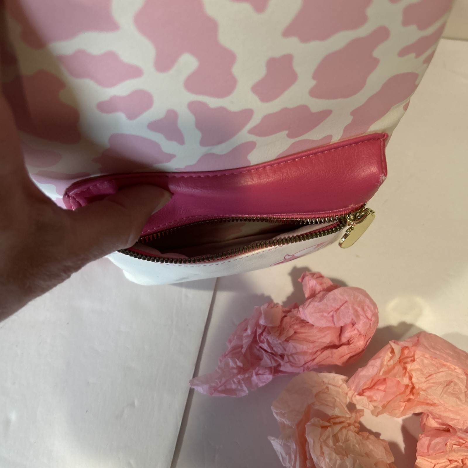 Strawberry Milk Cow Backpack Pink and White Used 11 Inches Gold Hardware Zipper