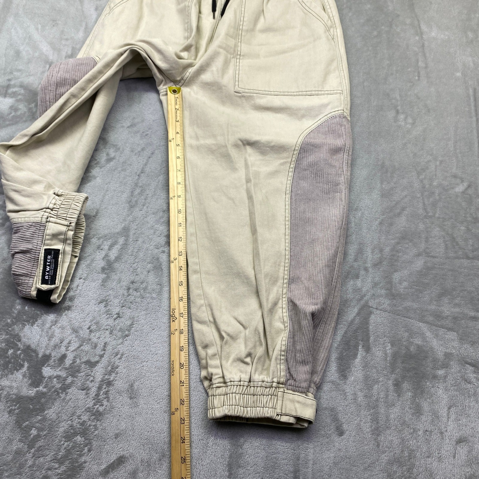 AYWTER XL Beige Corduroy Patchwork Jogger Pants Elastic Waist Streetwear Fit 28″