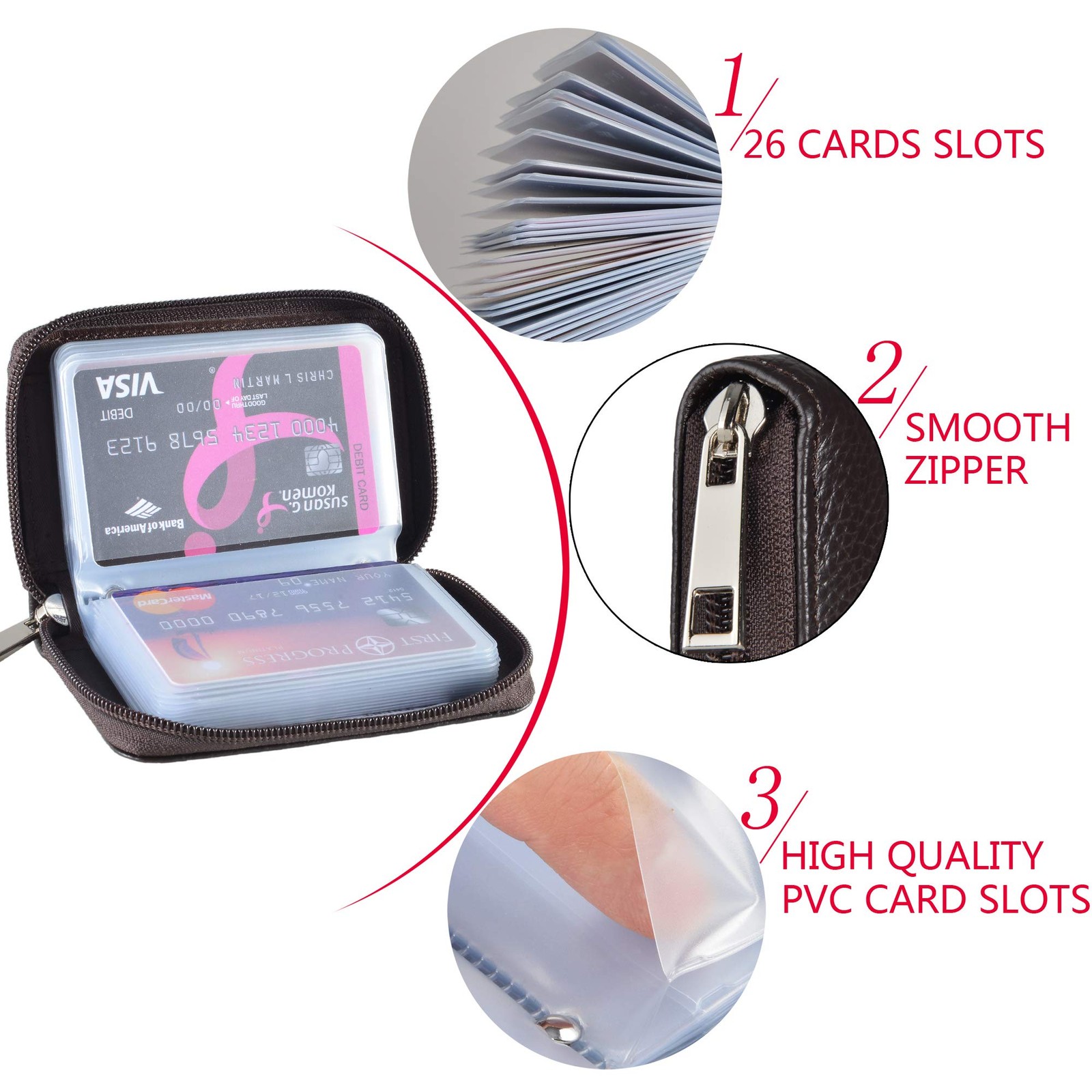 Genuine Leather Credit Card Holder Zipper Wallet With 26 Card Slots (Coffee)