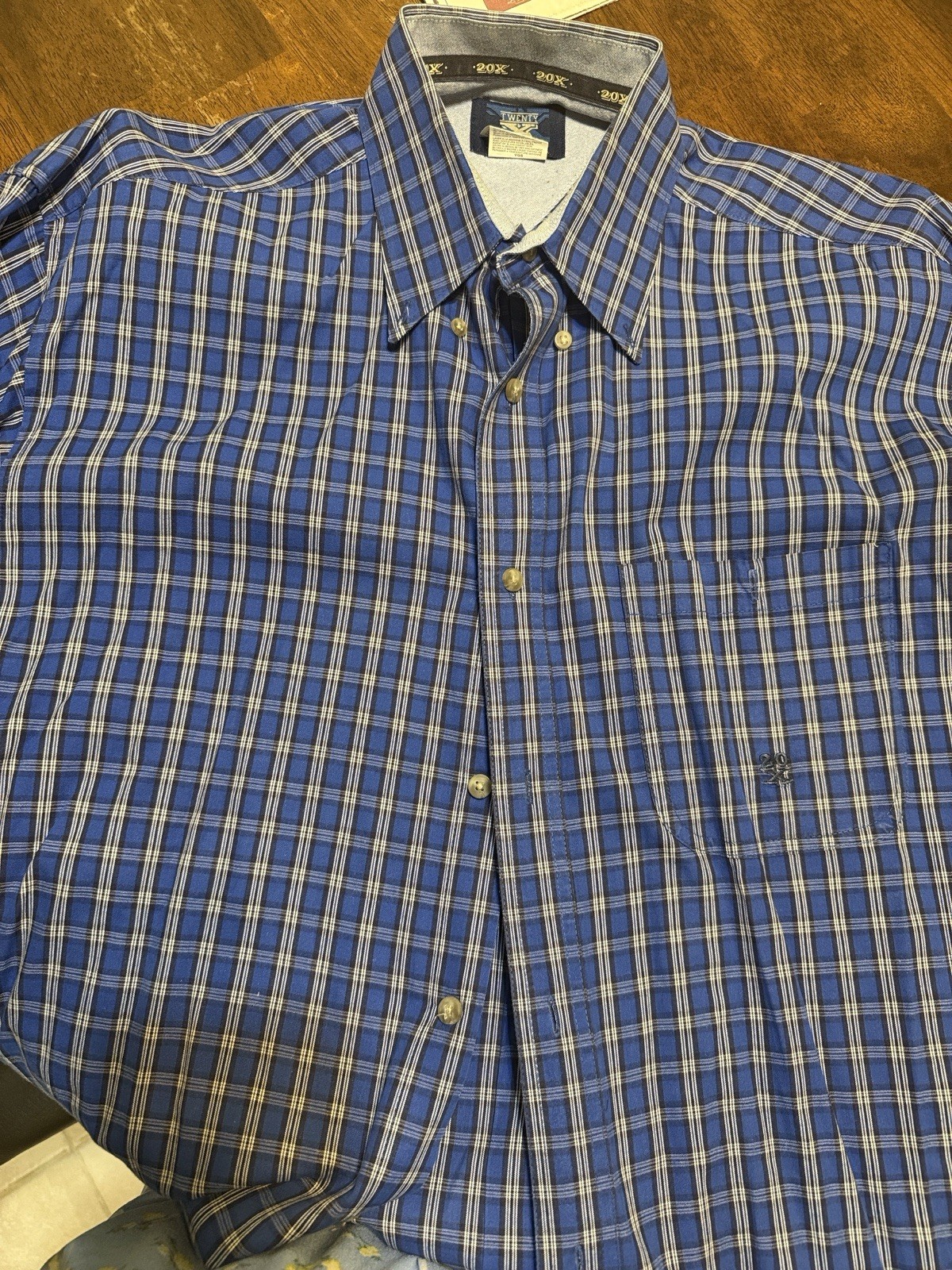 Wrangler Twenty X Men’s L Blue Plaid Long Sleeve Cotton Button-Up Pockets