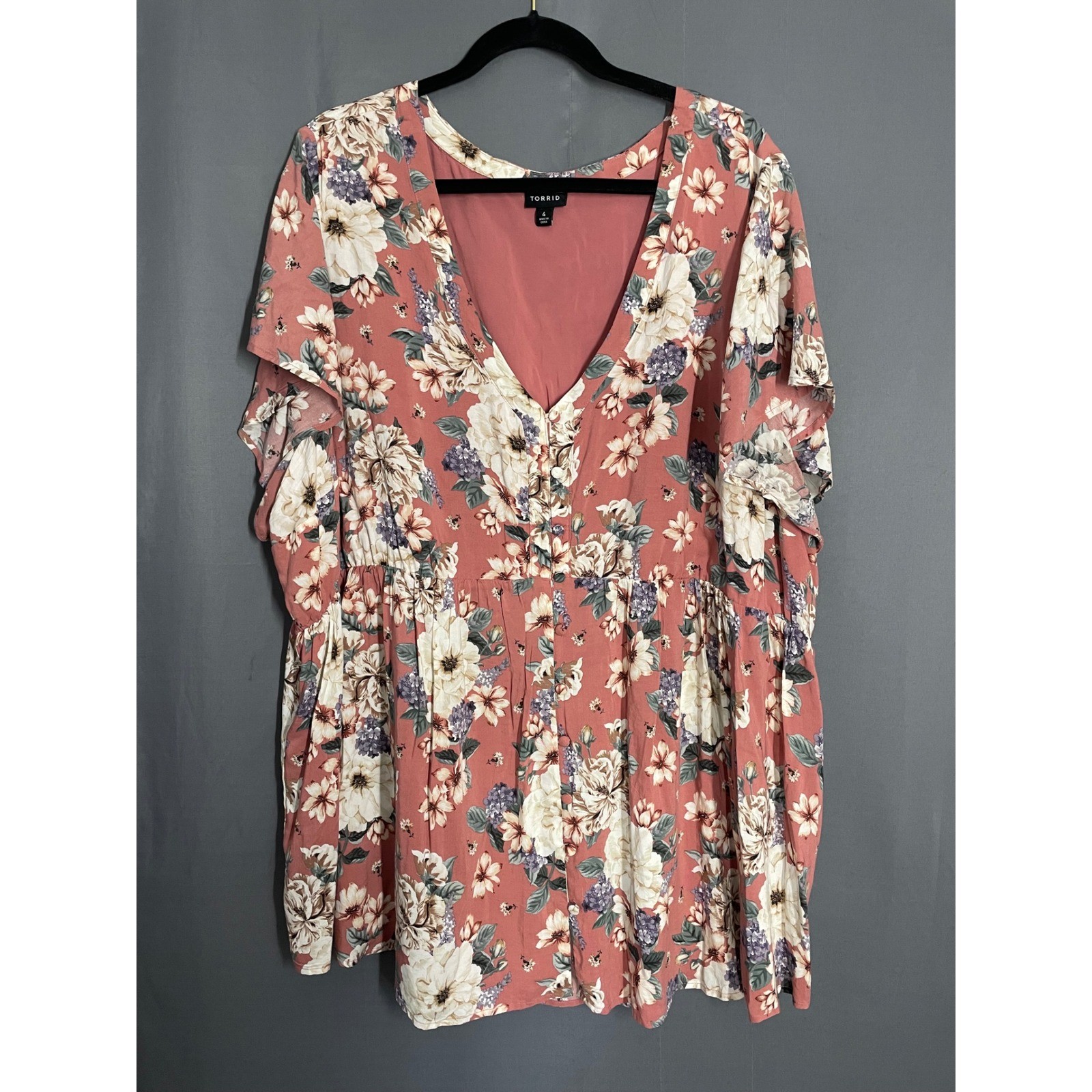 Cottagecore Floral Babydoll Top Dusty Rose V-Neck Flutter Sleeve Torrid 4 4X