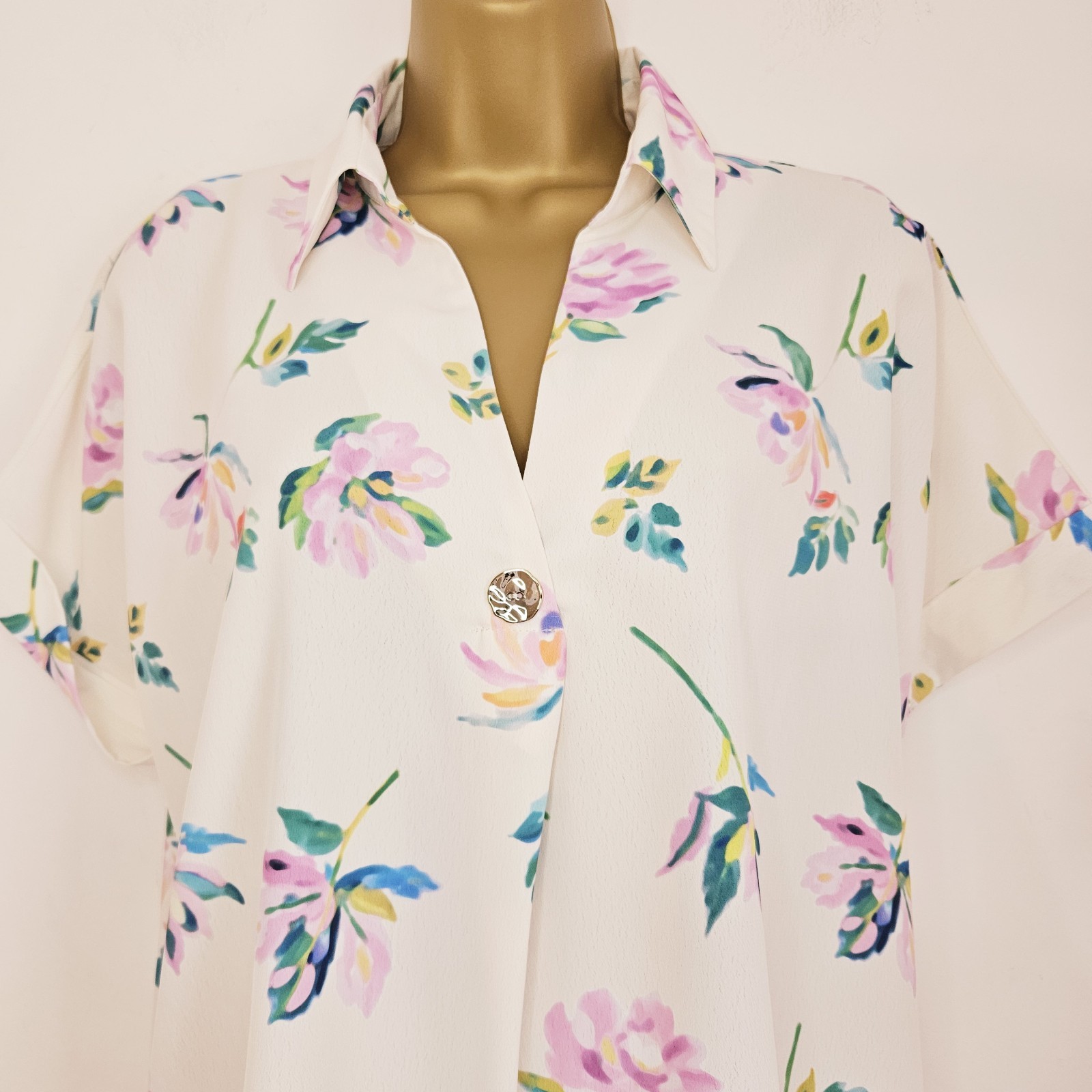 NEW DP 8-22 Crepe Chiffon Collared Floral Print White Pink Blue Green Blouse Top
